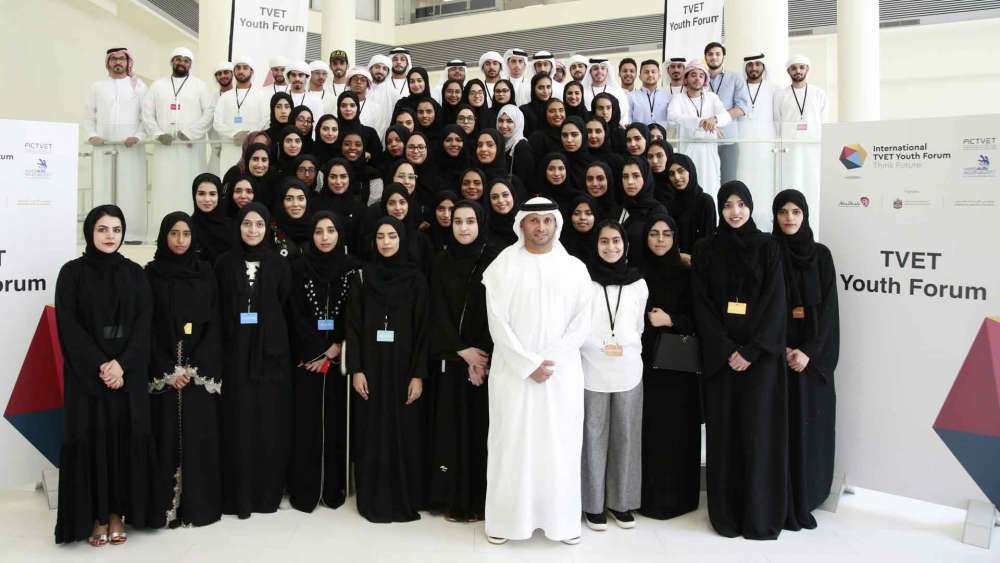 H.E. Mubarak Saeed Al Shamsi, Director General of ACTVET, and 150 UAE students at the launch event for the inaugural International TVET Youth Forum